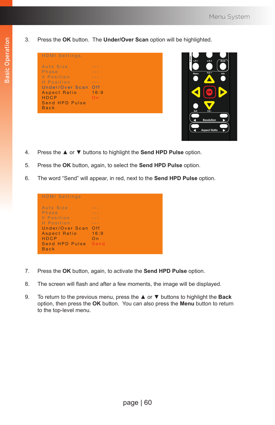 Page | 60, Basic oper ation menu system, Basic oper ation b asic oper ation | Gefen EXT-MFP Audio/Video Multi-Format Processor User Manual | Page 70 / 258