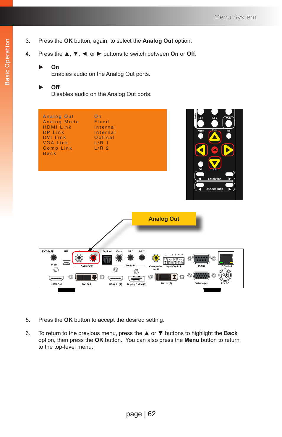 Page | 62, Basic oper ation menu system, Basic oper ation b asic oper ation | Analog out, Multi-format processor | Gefen EXT-MFP Audio/Video Multi-Format Processor User Manual | Page 72 / 258