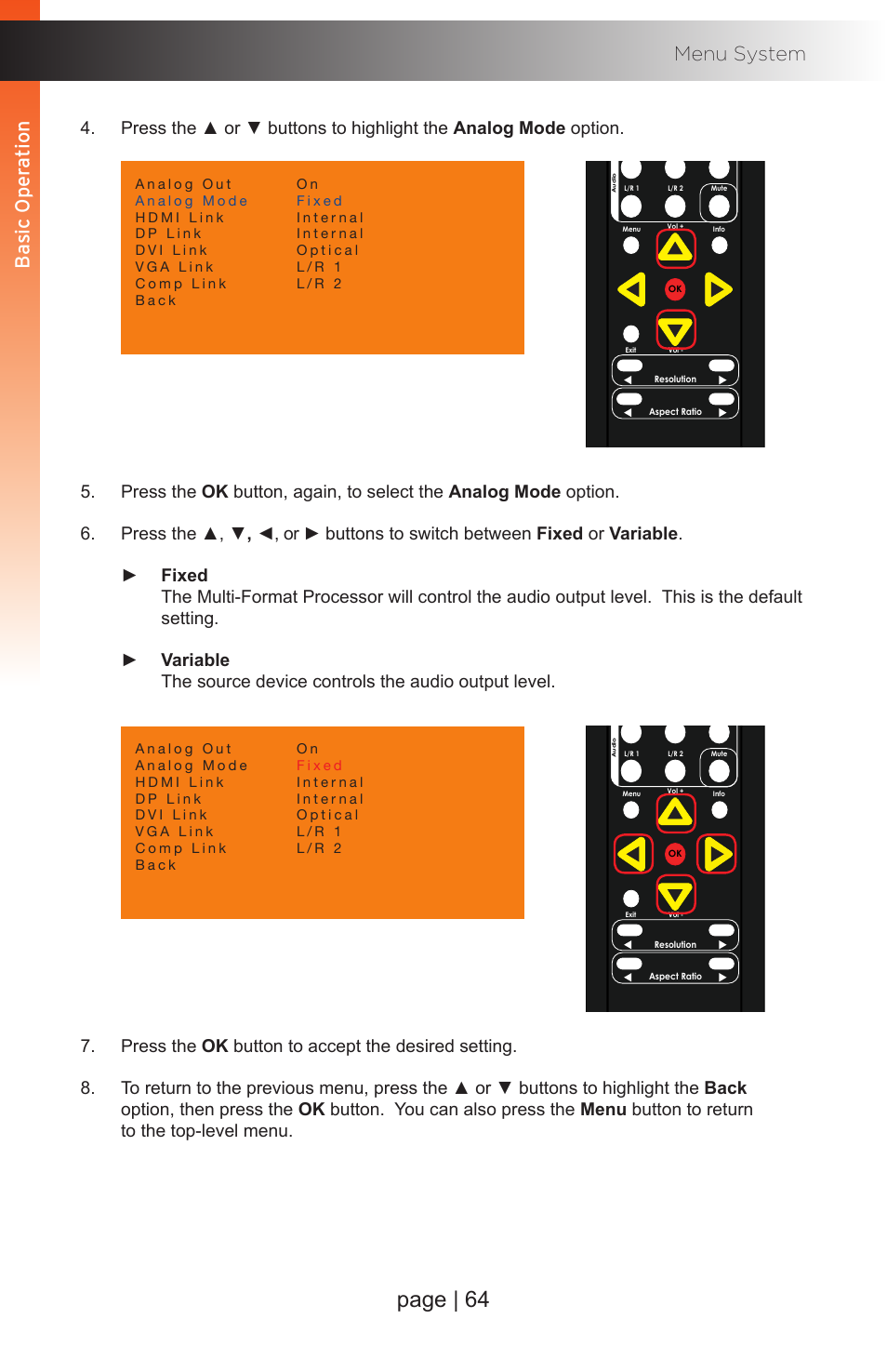 Page | 64, Basic oper ation menu system, Basic oper ation b asic oper ation | Gefen EXT-MFP Audio/Video Multi-Format Processor User Manual | Page 74 / 258