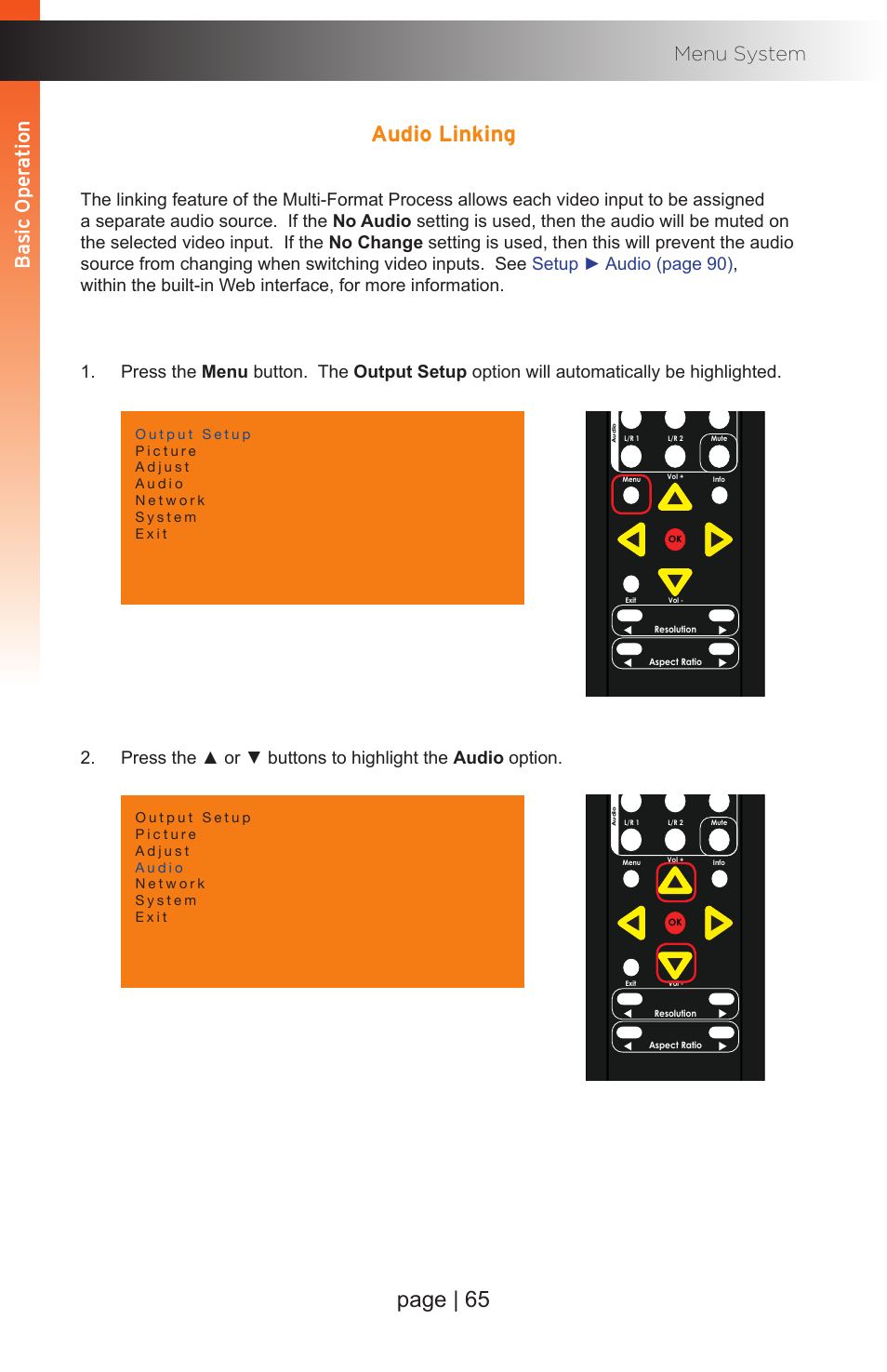 Audio linking, Page | 65, Basic oper ation b asic oper ation menu system | Gefen EXT-MFP Audio/Video Multi-Format Processor User Manual | Page 75 / 258