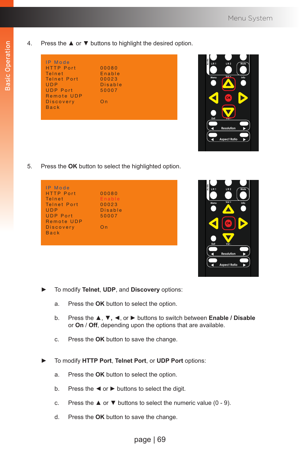 Page | 69, Basic oper ation menu system | Gefen EXT-MFP Audio/Video Multi-Format Processor User Manual | Page 79 / 258