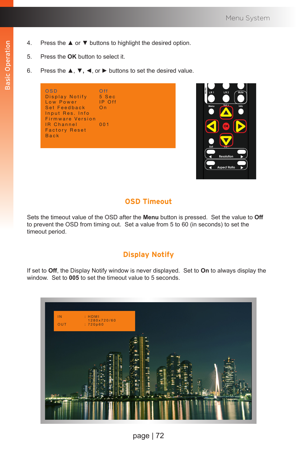 Osd timeout, Display notify, Osd timeout display notify | Page | 72, Basic oper ation menu system, Basic oper ation | Gefen EXT-MFP Audio/Video Multi-Format Processor User Manual | Page 82 / 258