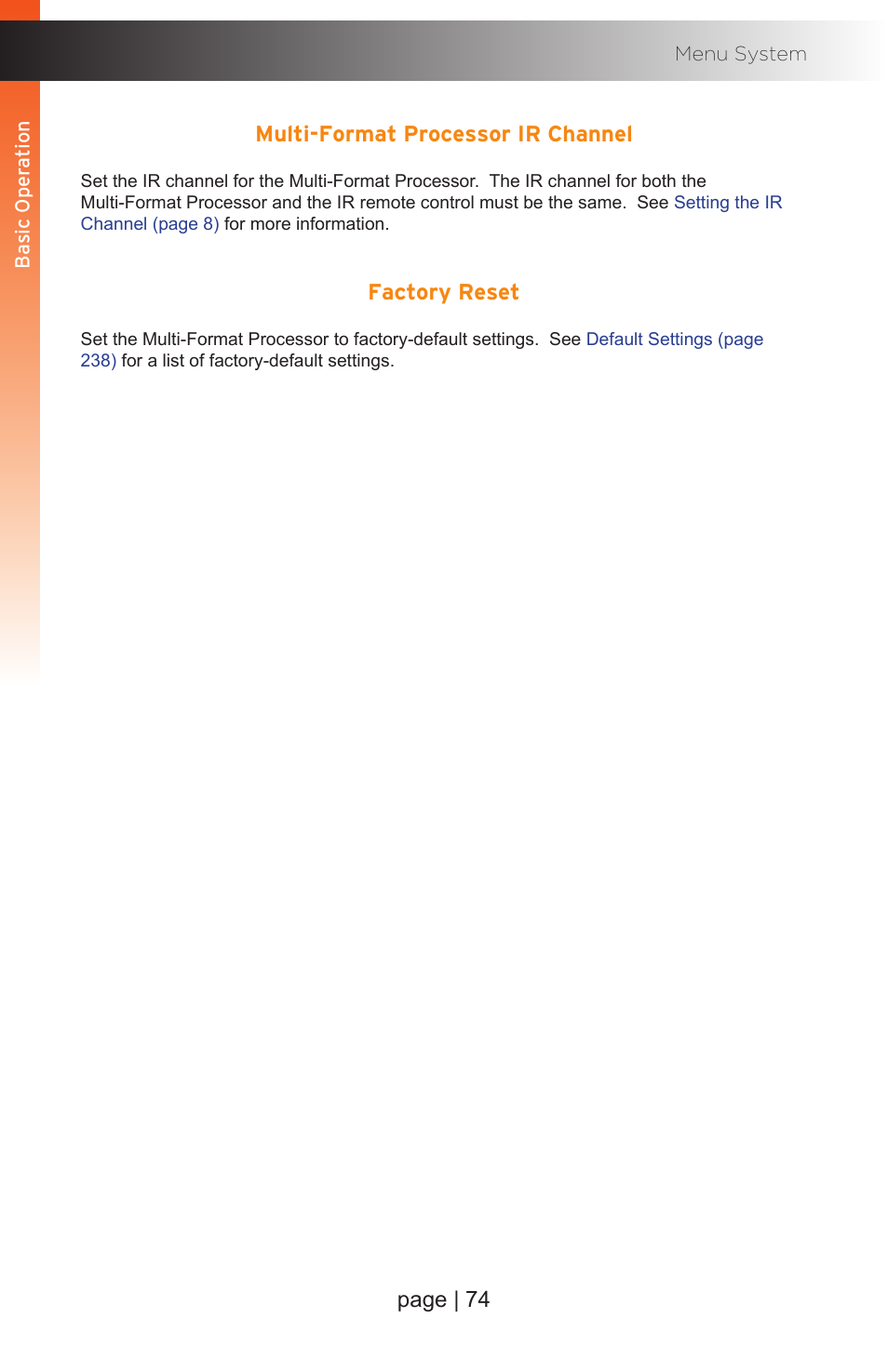 Multi-format processor ir channel, Factory reset, Multi-format processor ir channel factory reset | Page | 74 | Gefen EXT-MFP Audio/Video Multi-Format Processor User Manual | Page 84 / 258