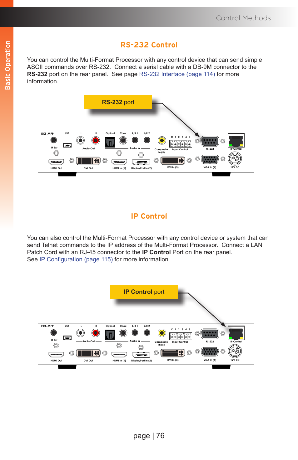 Rs-232 control, Ip control, Rs-232 control ip control | Page | 76, Basic oper ation b asic oper ation control methods, Basic oper ation b asic oper ation, Rs-232 port ip control port, Multi-format processor | Gefen EXT-MFP Audio/Video Multi-Format Processor User Manual | Page 86 / 258