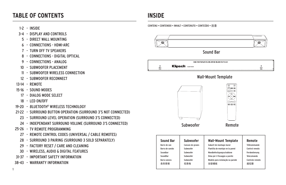 Inside table of contents, Sound bar subwoofer remote wall-mount template, Sound bar | Subwoofer, Wall-mount template, Remote | Klipsch Cinema 600 600W 3.1-Channel Soundbar System User Manual | Page 2 / 46