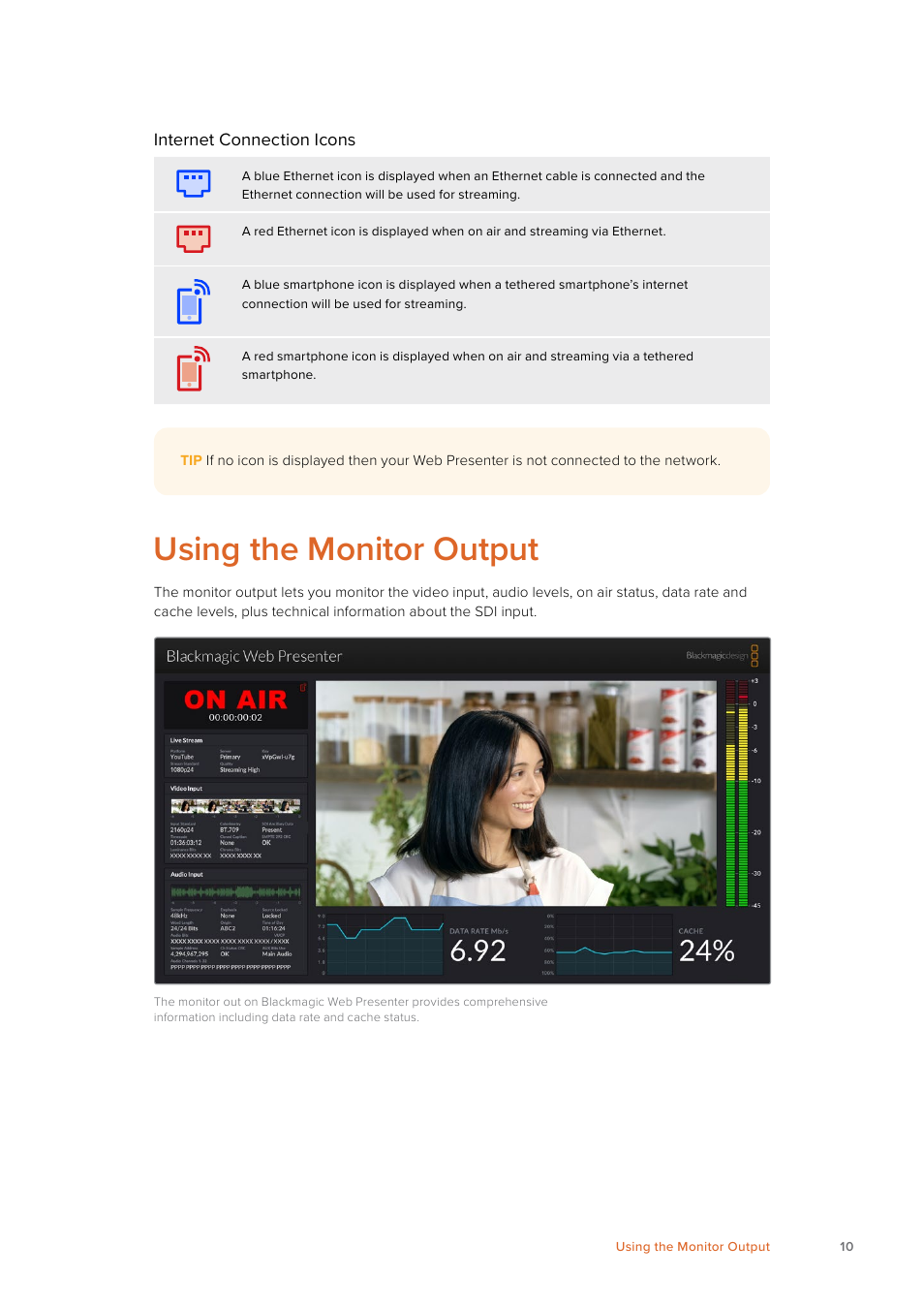 Using the monitor output | Blackmagic Design Web Presenter 4K User Manual | Page 10 / 419