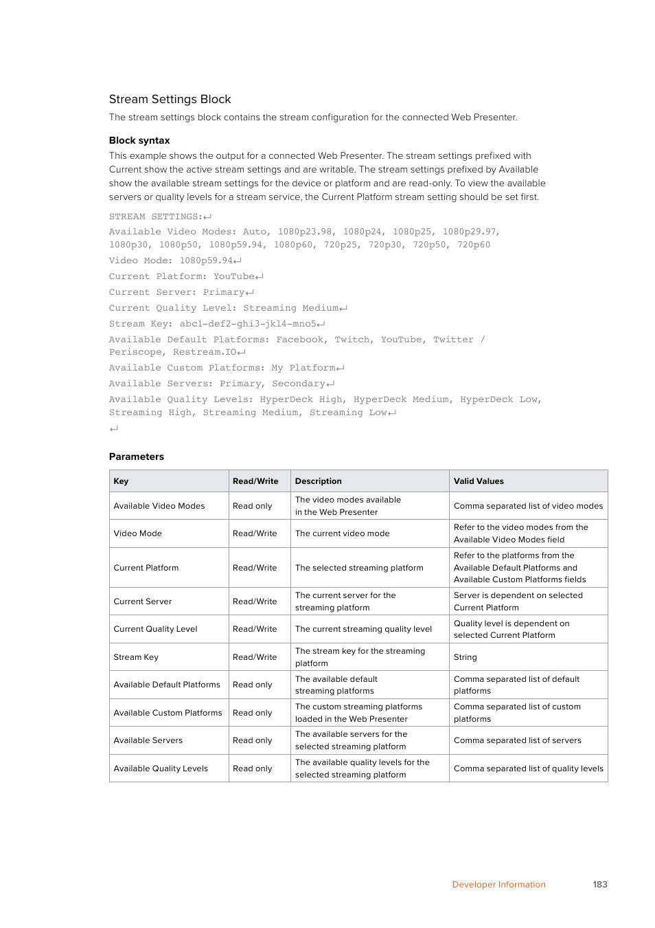 Stream settings block | Blackmagic Design Web Presenter 4K User Manual | Page 183 / 419