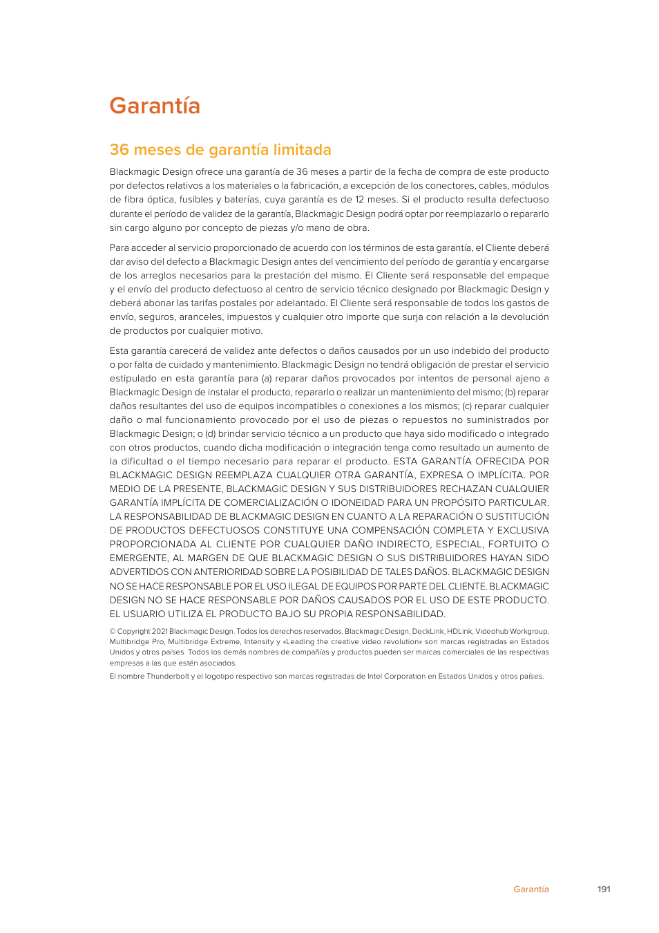 Garantía, 36 meses de garantía limitada | Blackmagic Design Web Presenter 4K User Manual | Page 191 / 419