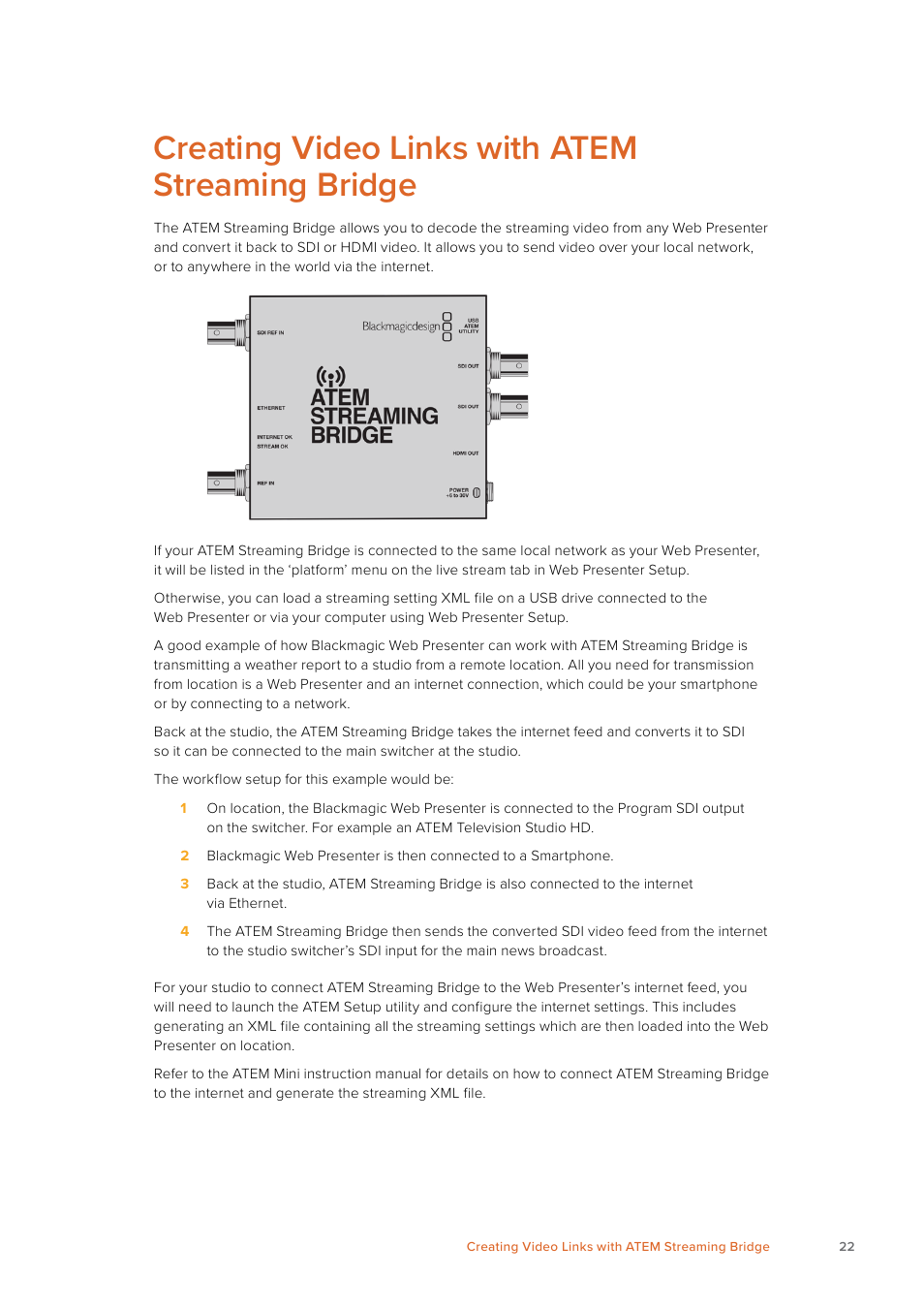 Creating video links with atem streaming bridge | Blackmagic Design Web Presenter 4K User Manual | Page 22 / 419