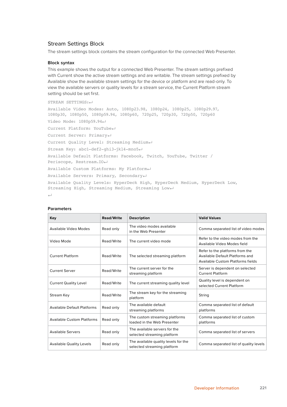 Stream, Settings, Block | Blackmagic Design Web Presenter 4K User Manual | Page 221 / 419
