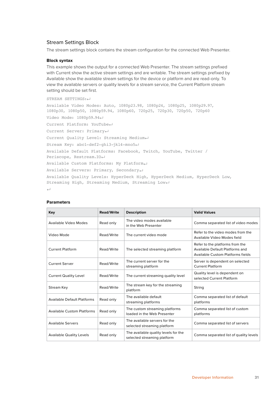 Stream settings block | Blackmagic Design Web Presenter 4K User Manual | Page 31 / 419