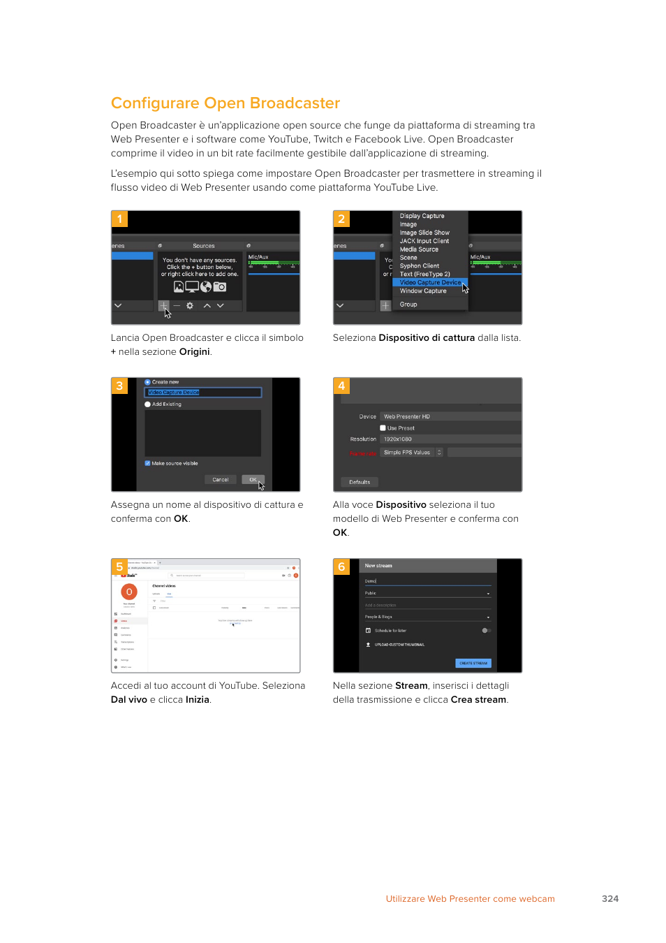 Configurare open broadcaster | Blackmagic Design Web Presenter 4K User Manual | Page 324 / 419