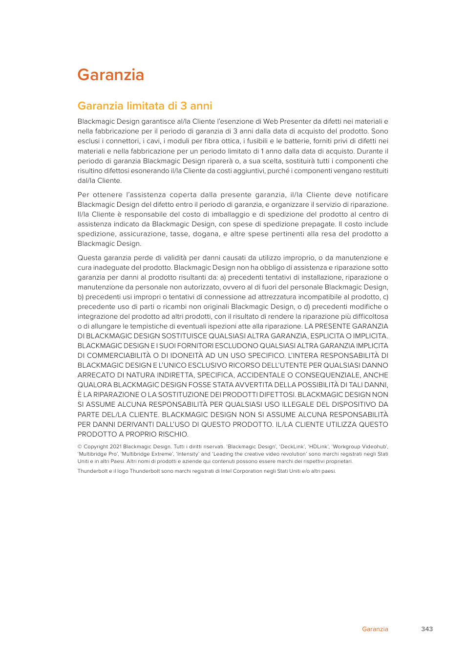 Garanzia, Garanzia limitata di 3 anni | Blackmagic Design Web Presenter 4K User Manual | Page 343 / 419