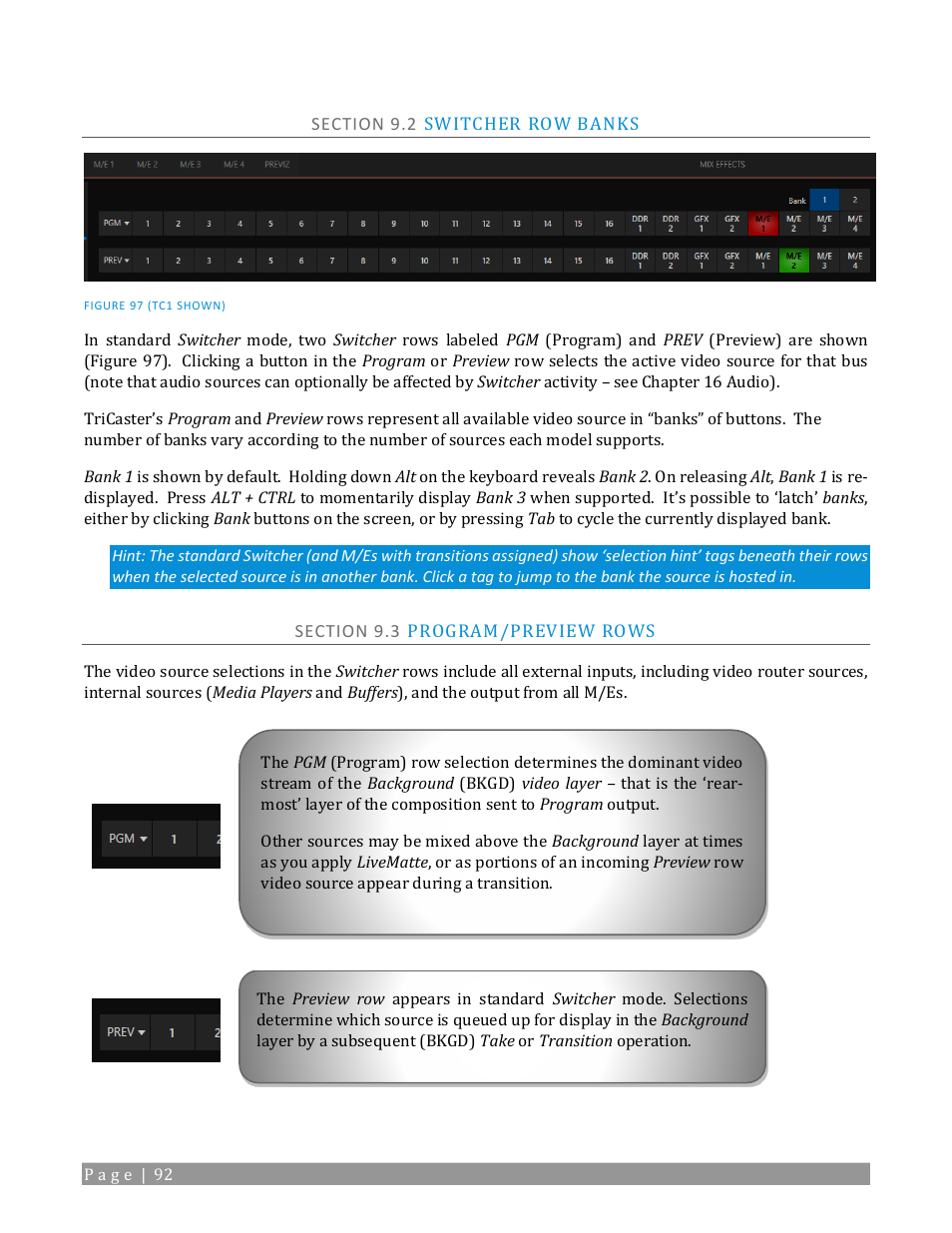 Section 9.2 switcher row banks, Section 9.3 program/preview rows | NewTek TriCaster TC1 (2 RU) User Manual | Page 108 / 350