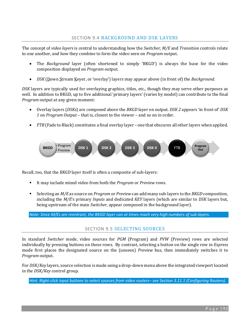 Section 9.4 background and dsk layers, Section 9.5 selecting sources | NewTek TriCaster TC1 (2 RU) User Manual | Page 109 / 350