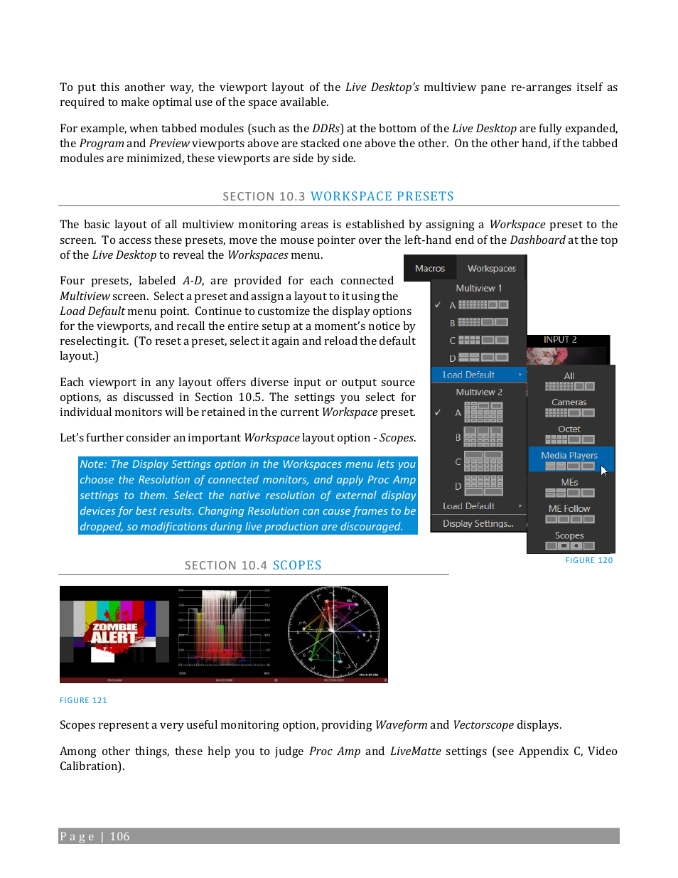 Section 10.3 workspace presets, Section 10.4 scopes | NewTek TriCaster TC1 (2 RU) User Manual | Page 122 / 350