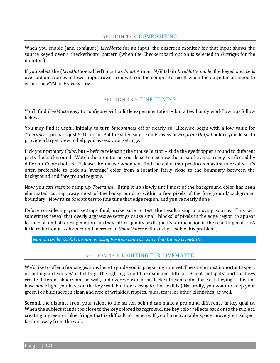 Section 13.4 compositing, Section 13.5 fine tuning, Section 13.6 lighting for livematte | NewTek TriCaster TC1 (2 RU) User Manual | Page 156 / 350