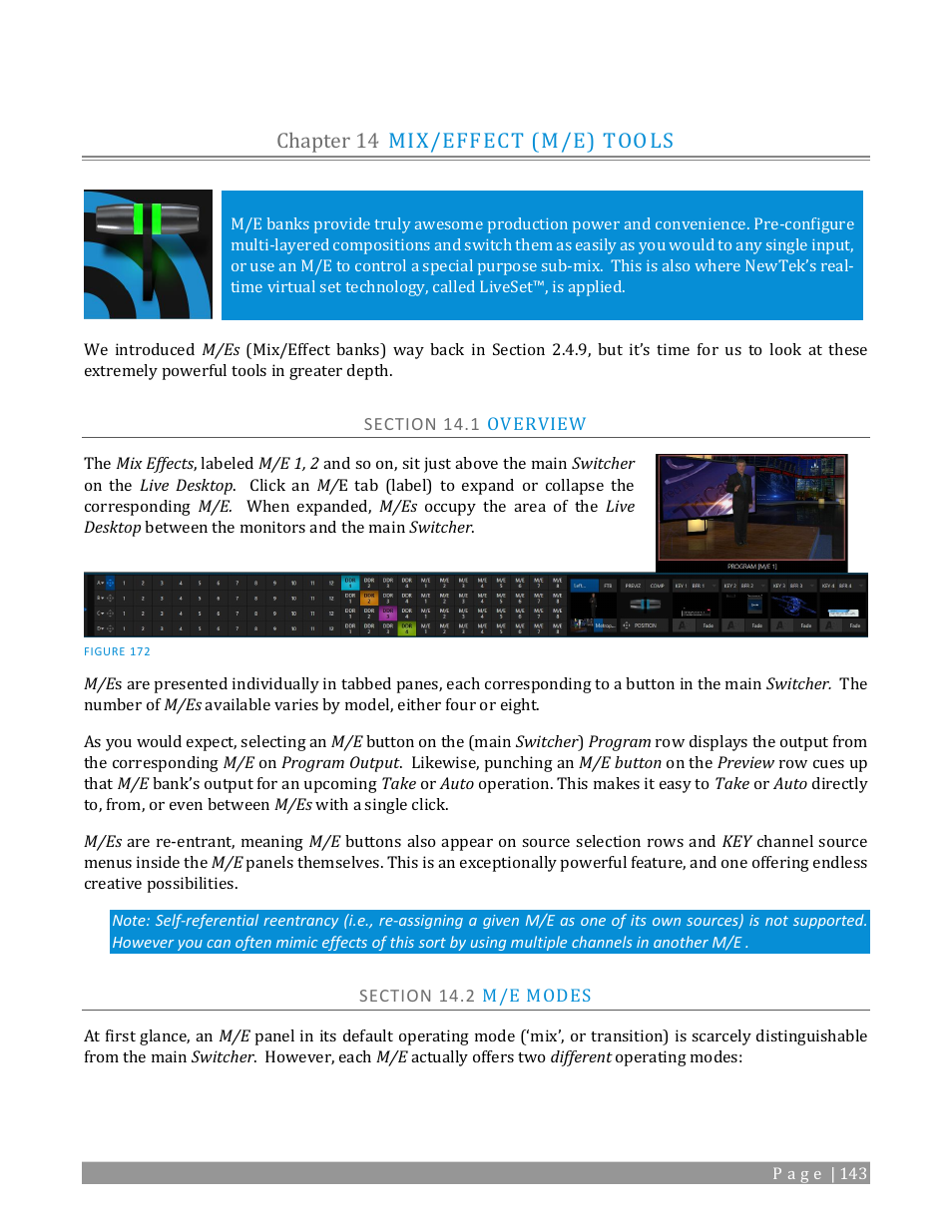 Chapter 14, Mix/effect (m/e) tools, Section 14.1 overview | Section 14.2 m/e modes, Chapter 14 mix/effect (m/e) tools | NewTek TriCaster TC1 (2 RU) User Manual | Page 159 / 350