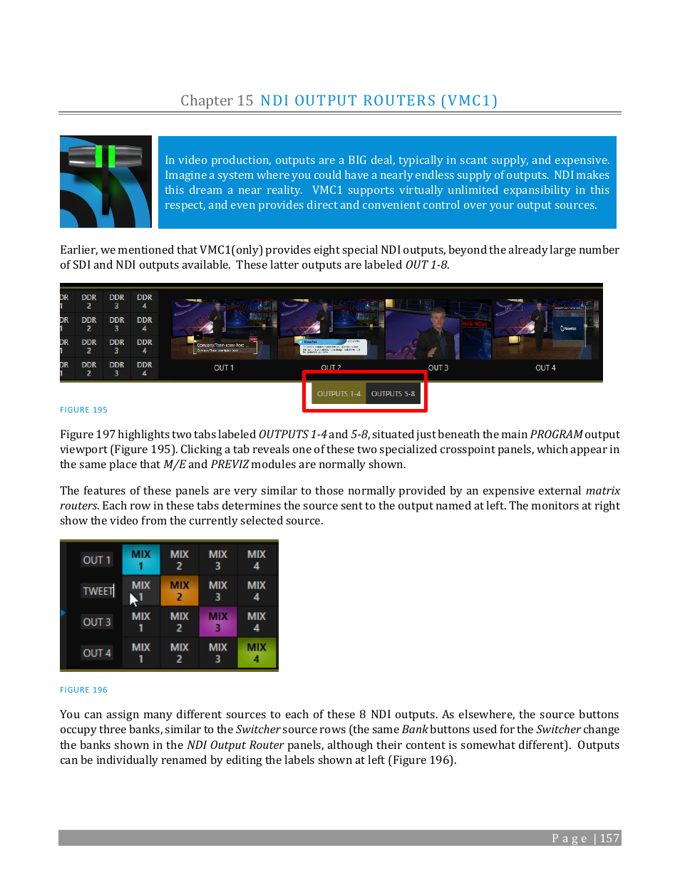 Chapter 15, Ndi output routers (vmc1), Chapter 15) | Chapter 15 ndi output routers (vmc1) | NewTek TriCaster TC1 (2 RU) User Manual | Page 173 / 350