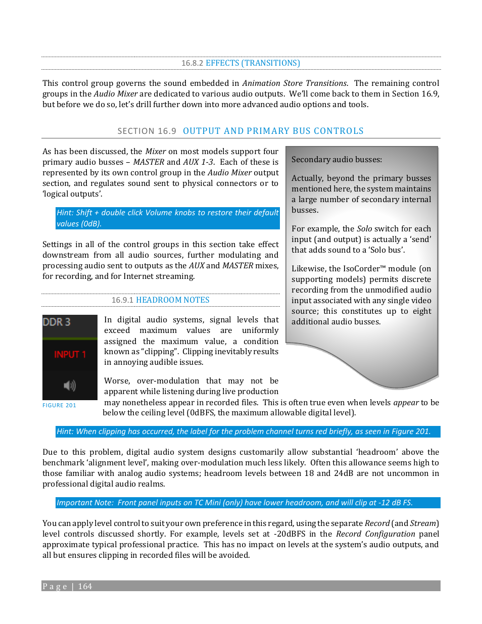 2 effects (transitions), Section 16.9 output and primary bus controls, 1 headroom notes | NewTek TriCaster TC1 (2 RU) User Manual | Page 180 / 350