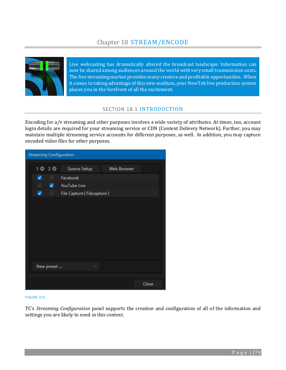 Chapter 18, Stream/encode, Section 18.1 introduction | Ee chapter 18, Chapter 18 stream/encode | NewTek TriCaster TC1 (2 RU) User Manual | Page 195 / 350