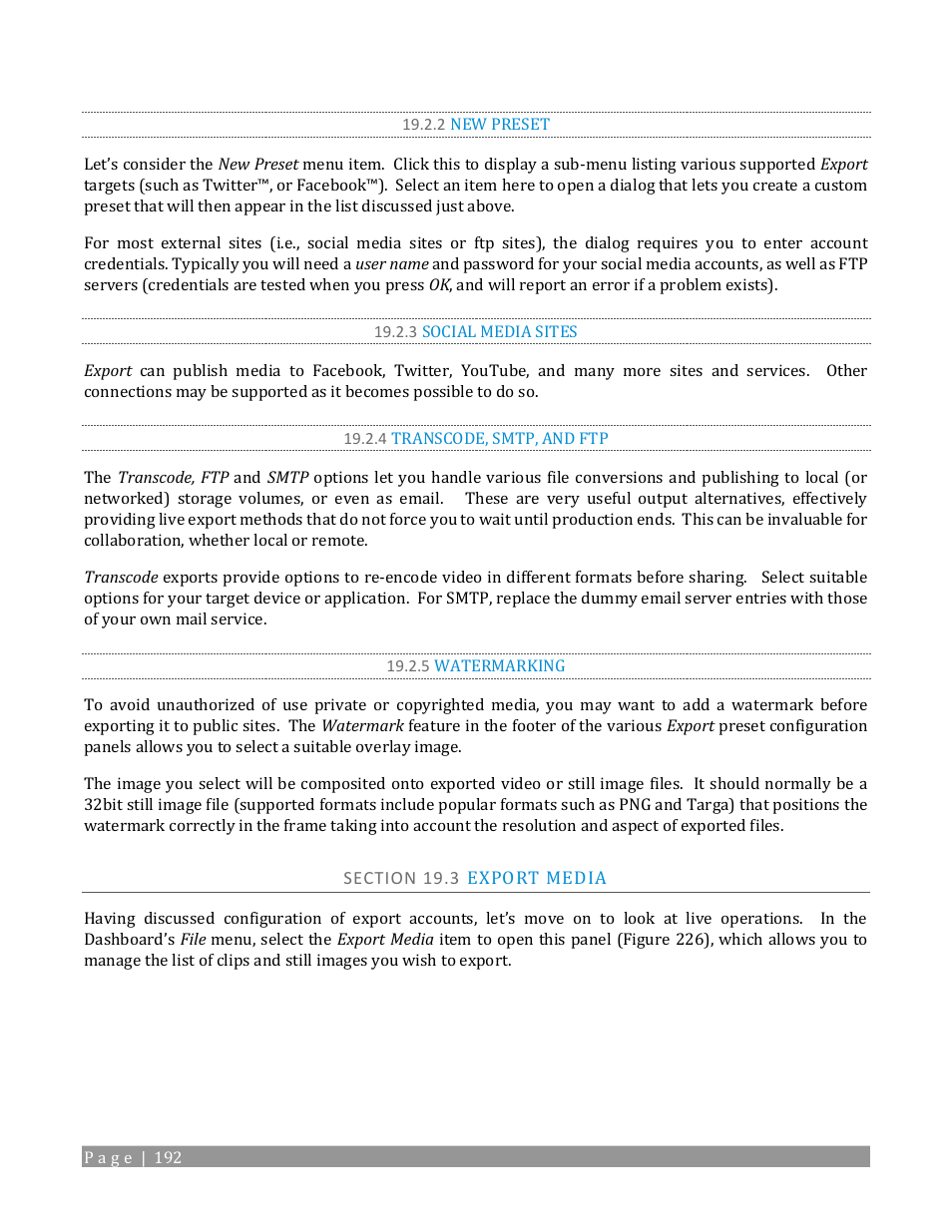 2 new preset, 3 social media sites, 4 transcode, smtp, and ftp | 5 watermarking, Section 19.3 export media | NewTek TriCaster TC1 (2 RU) User Manual | Page 208 / 350