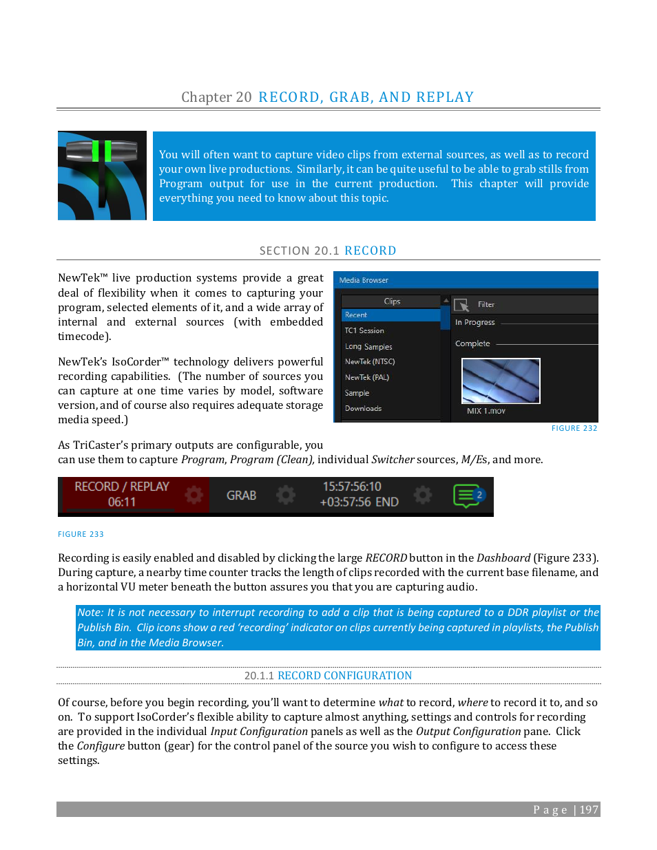 Chapter 20, Record, grab, and replay, Section 20.1 record | 1 record configuration, Ee chapter 20, N chapter 20, record, grab, and replay, Chapter 20 record, grab, and replay | NewTek TriCaster TC1 (2 RU) User Manual | Page 213 / 350