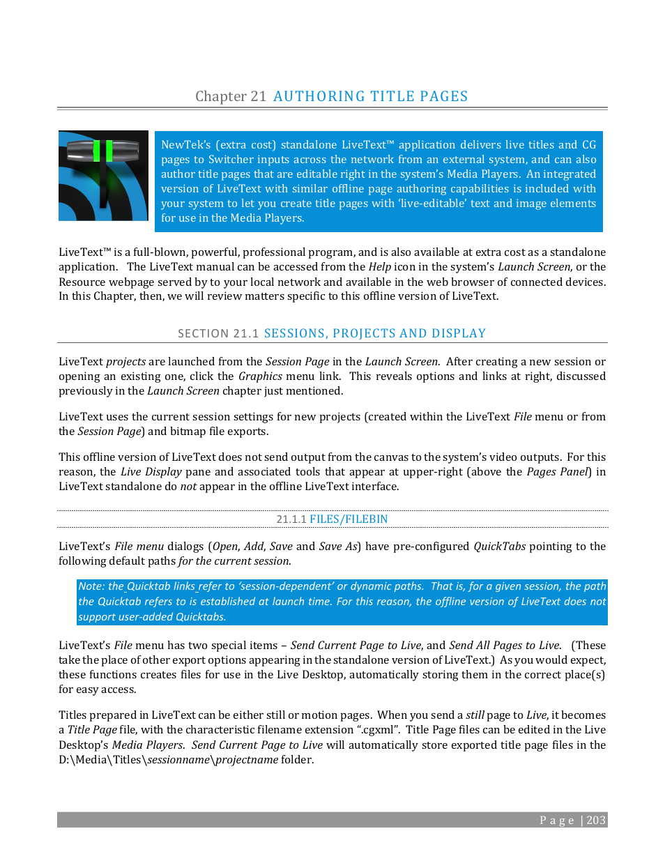 Chapter 21, Section 21.1 sessions, projects and display, 1 files/filebin | Chapter 21 authoring title pages | NewTek TriCaster TC1 (2 RU) User Manual | Page 219 / 350