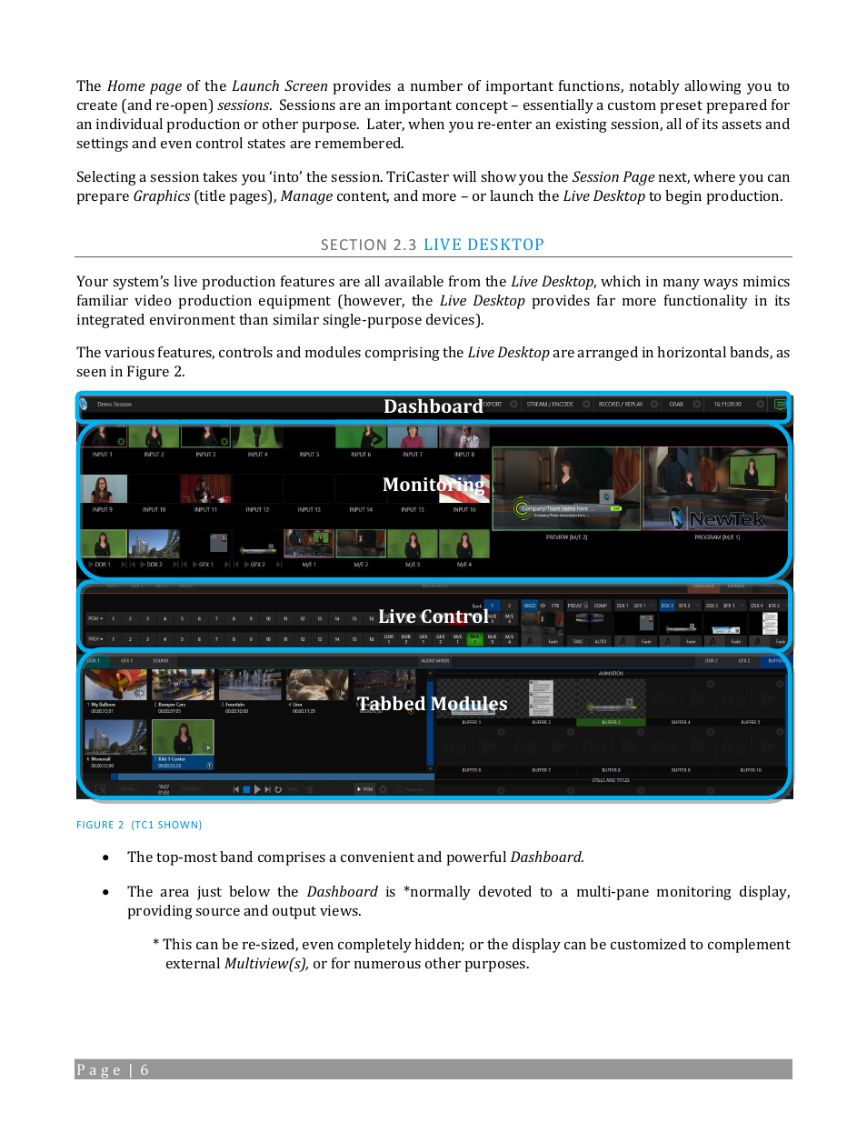 Section 2.3 live desktop, Monitoring dashboard live control tabbed modules | NewTek TriCaster TC1 (2 RU) User Manual | Page 22 / 350