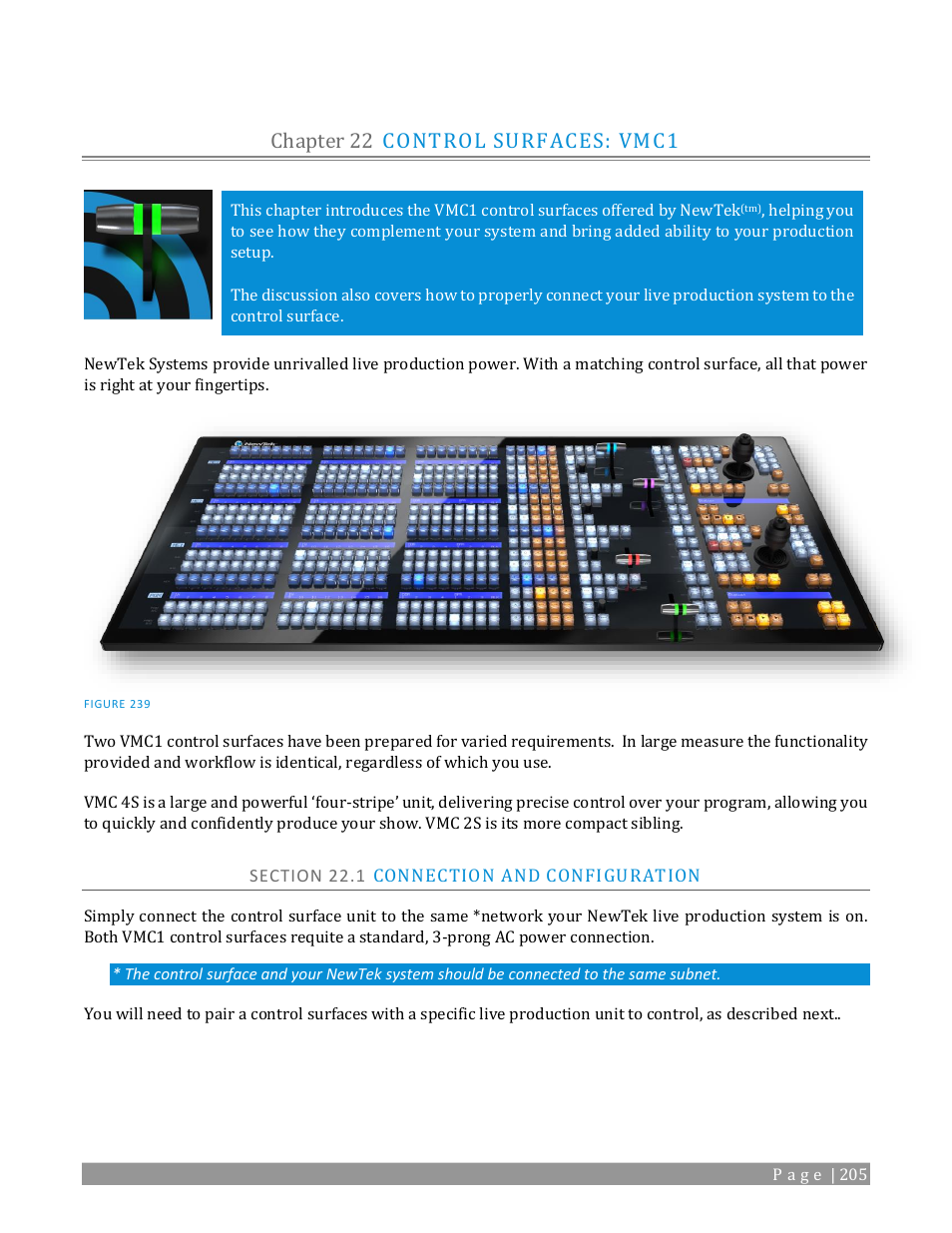 Chapter 22, Control surfaces: vmc1, Section 22.1 connection and configuration | Chapter 22 control surfaces: vmc1 | NewTek TriCaster TC1 (2 RU) User Manual | Page 221 / 350