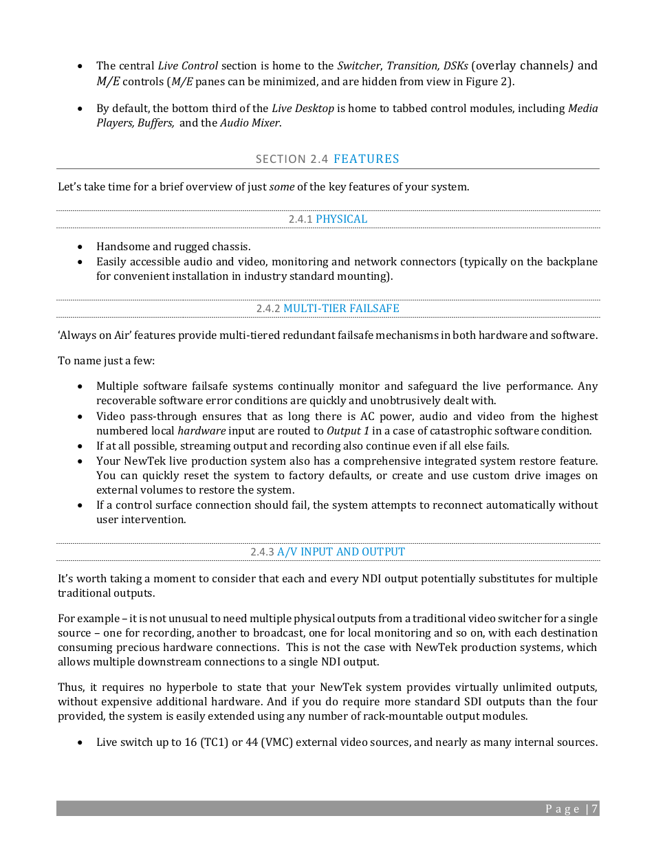 Section 2.4 features, 1 physical, 2 multi-tier failsafe | 3 a/v input and output | NewTek TriCaster TC1 (2 RU) User Manual | Page 23 / 350