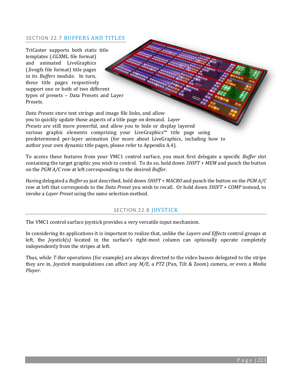 Section 22.7 buffers and titles, Section 22.8 joystick | NewTek TriCaster TC1 (2 RU) User Manual | Page 239 / 350