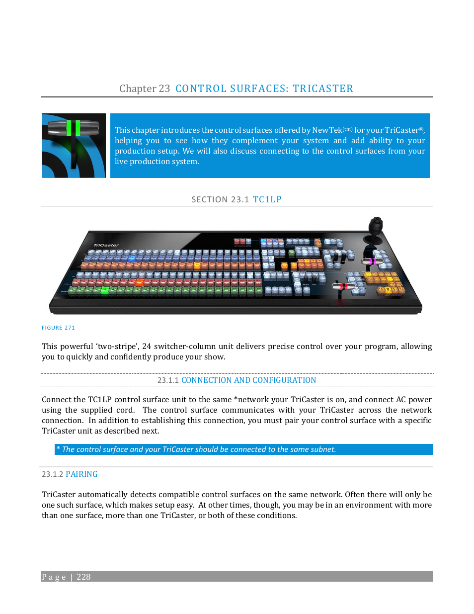 Chapter 23, Control surfaces: tricaster, Section 23.1 tc1lp | 1 connection and configuration, 2 pairing, Chapter 23 control surfaces: tricaster | NewTek TriCaster TC1 (2 RU) User Manual | Page 244 / 350