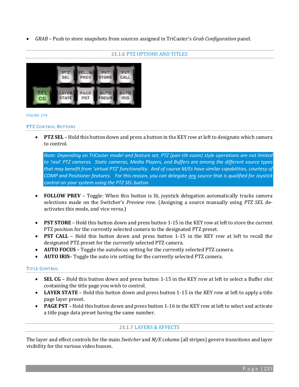 6 ptz options and titles, 7 layers & effects | NewTek TriCaster TC1 (2 RU) User Manual | Page 249 / 350