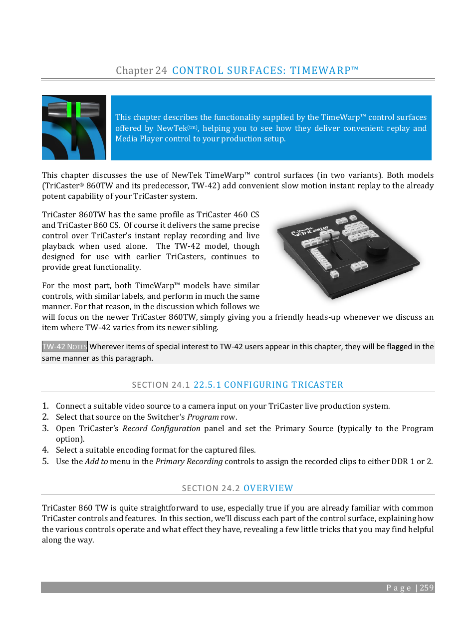 Chapter 24, Control surfaces: ti, Mewarp | Section 24.1 22.5.1 configuring tricaster, Section 24.2 overview, Chapter 24 control surfaces: ti mewarp | NewTek TriCaster TC1 (2 RU) User Manual | Page 275 / 350