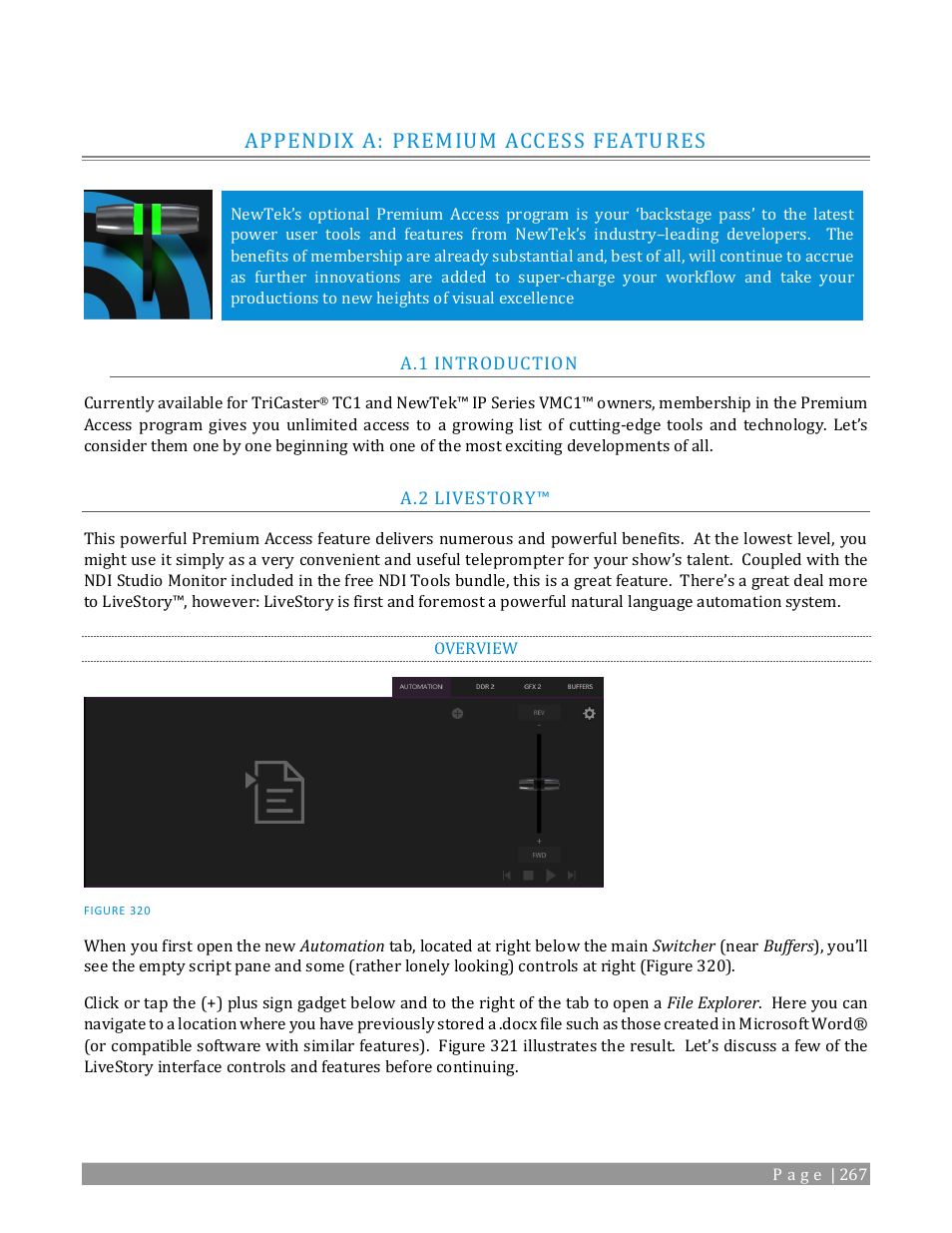 Appendix a: premium access features, Introduction, Livestory | Overview | NewTek TriCaster TC1 (2 RU) User Manual | Page 283 / 350