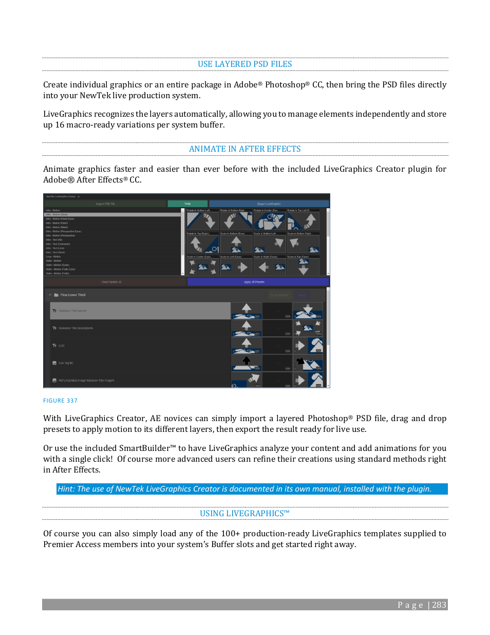 Use layered psd files, Animate in after effects, Using livegraphics | NewTek TriCaster TC1 (2 RU) User Manual | Page 299 / 350