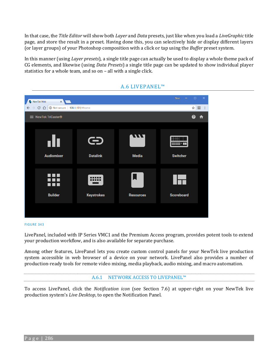 Livep, Anel, A.6.1 | Network access to livepanel | NewTek TriCaster TC1 (2 RU) User Manual | Page 302 / 350