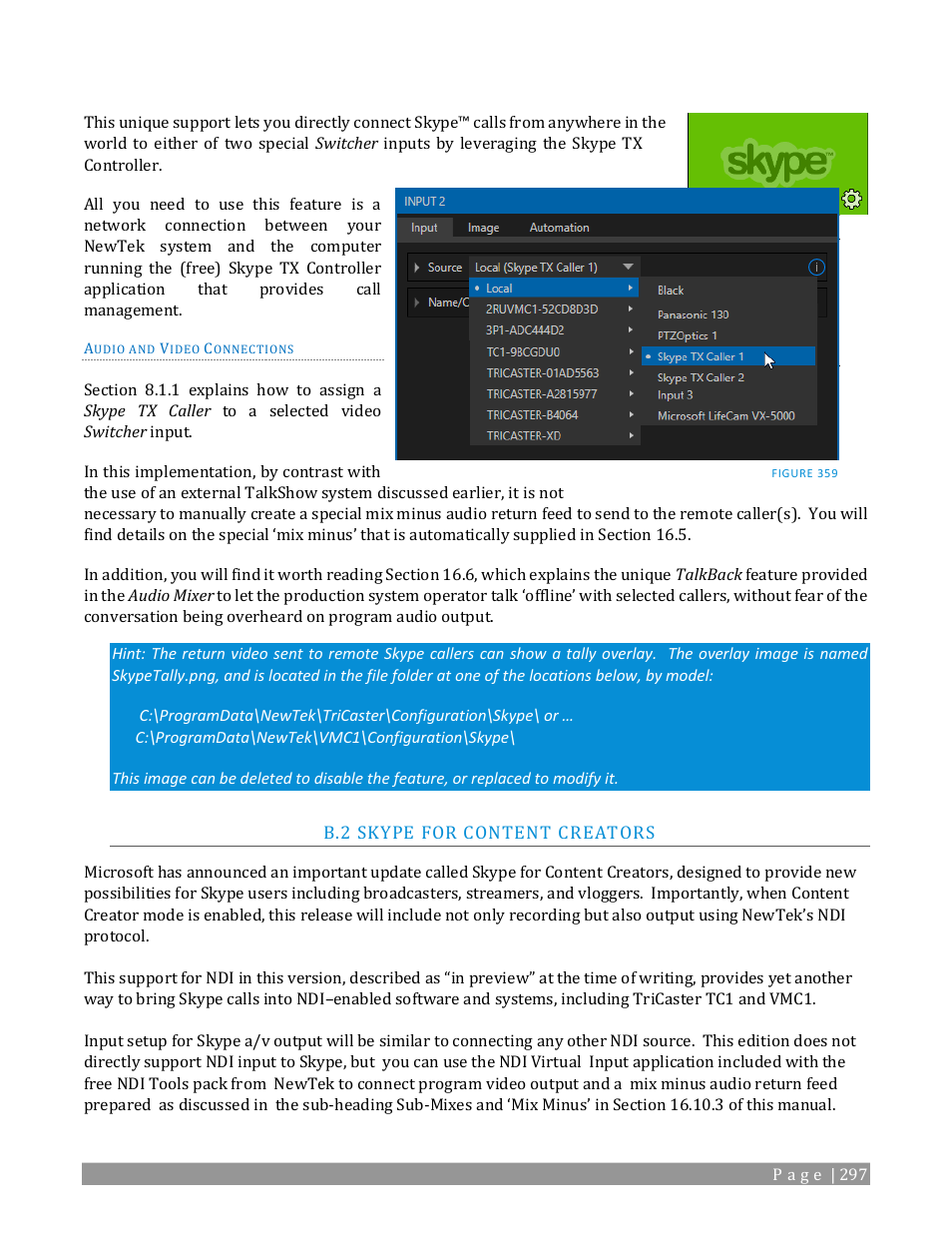 Skype for content creators | NewTek TriCaster TC1 (2 RU) User Manual | Page 313 / 350