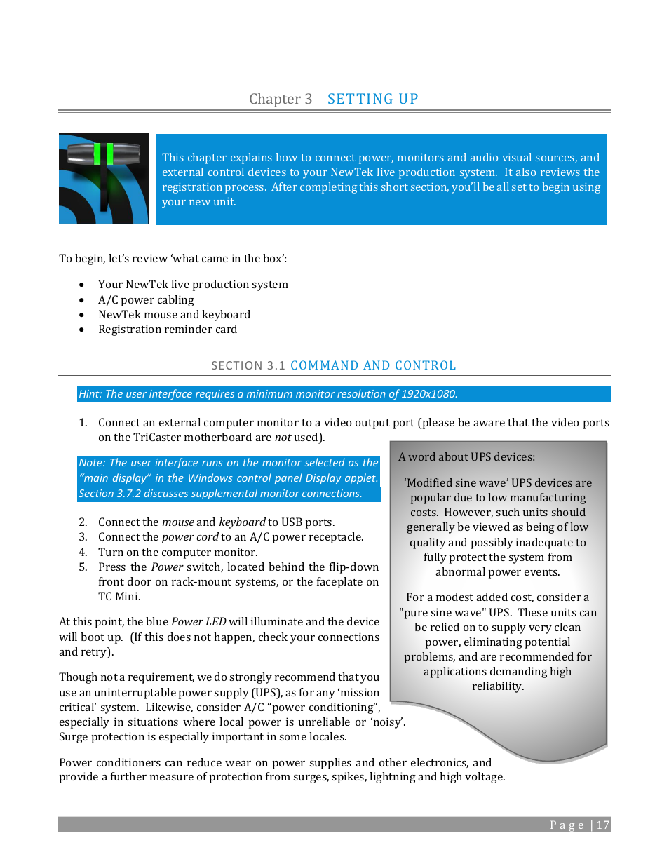 Chapter 3, Setting up, Section 3.1 command and control | Chapter 3 setting up | NewTek TriCaster TC1 (2 RU) User Manual | Page 33 / 350