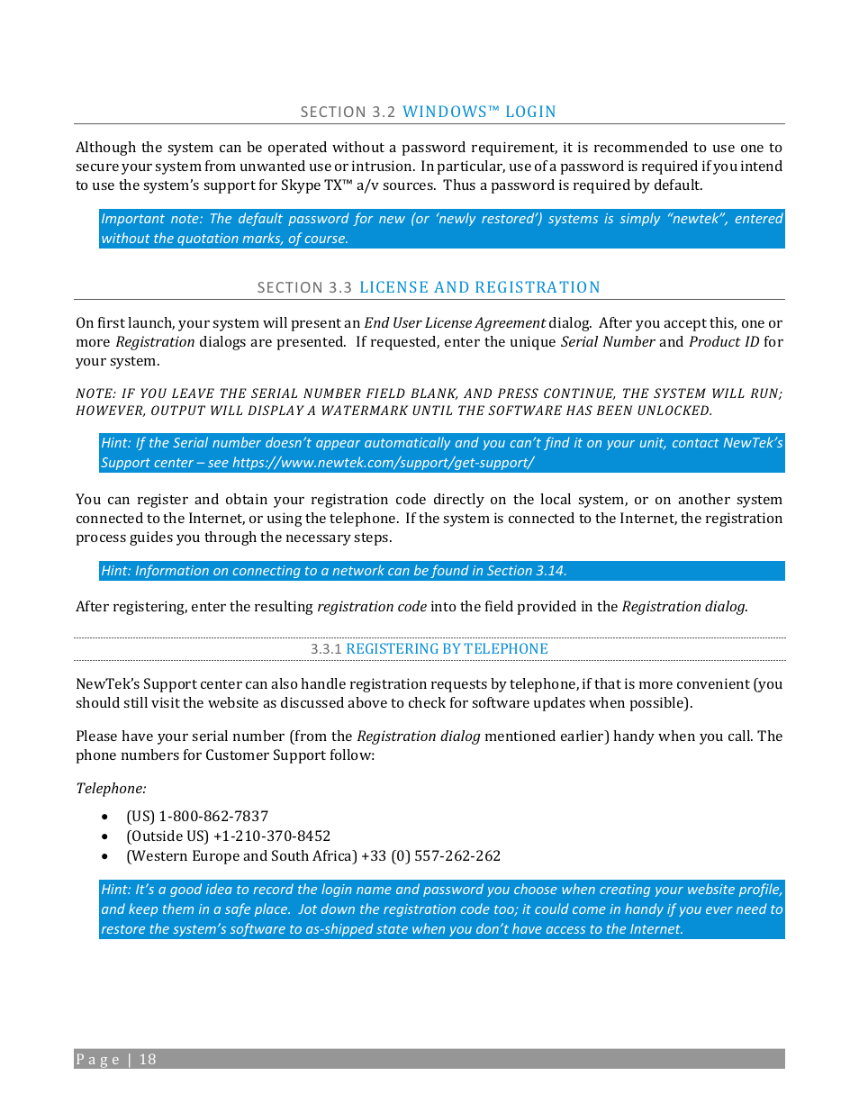 Section 3.2, Windows™ login, Section 3.3 license and registration | 1 registering by telephone | NewTek TriCaster TC1 (2 RU) User Manual | Page 34 / 350