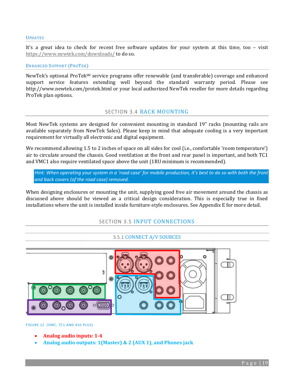 Section 3.4 rack mounting, Section 3.5 input connections, 1 connect a/v sources | NewTek TriCaster TC1 (2 RU) User Manual | Page 35 / 350