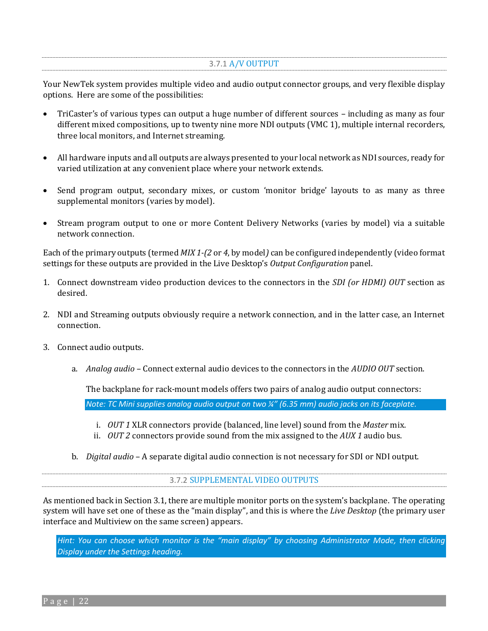 1 a/v output, 2 supplemental video outputs | NewTek TriCaster TC1 (2 RU) User Manual | Page 38 / 350