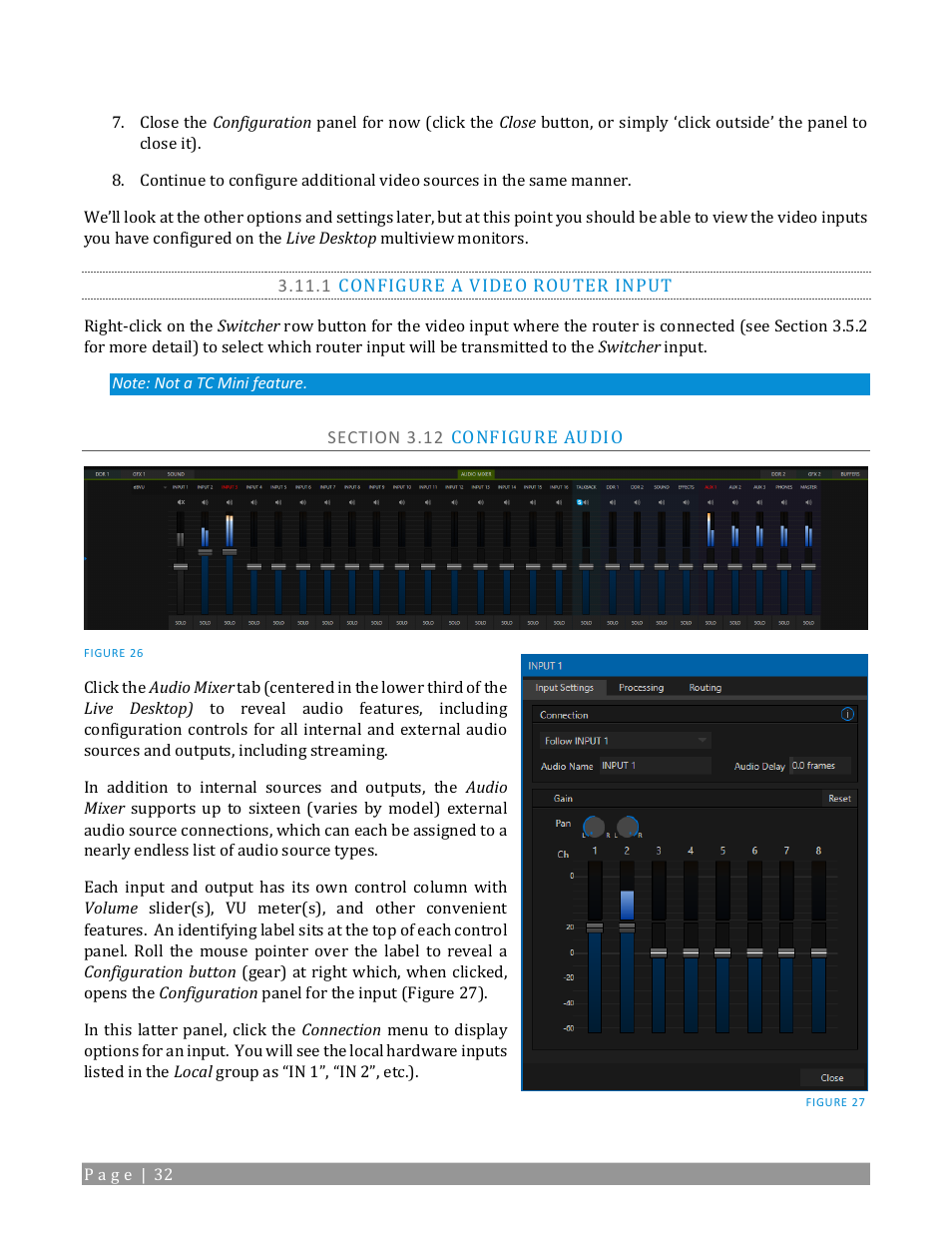 1 configure a video router input, Section 3.12 configure audio | NewTek TriCaster TC1 (2 RU) User Manual | Page 48 / 350