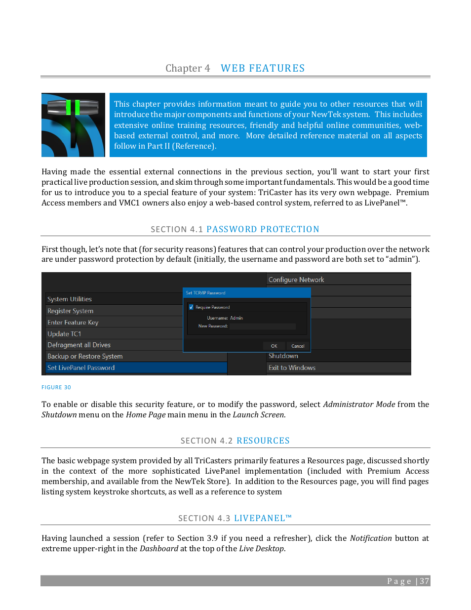 Chapter 4, Web features, Section 4.1 password protection | Section 4.2 resources, Section 4.3, Livepanel, Chapter 4, web features, Chapter 4 web features | NewTek TriCaster TC1 (2 RU) User Manual | Page 53 / 350