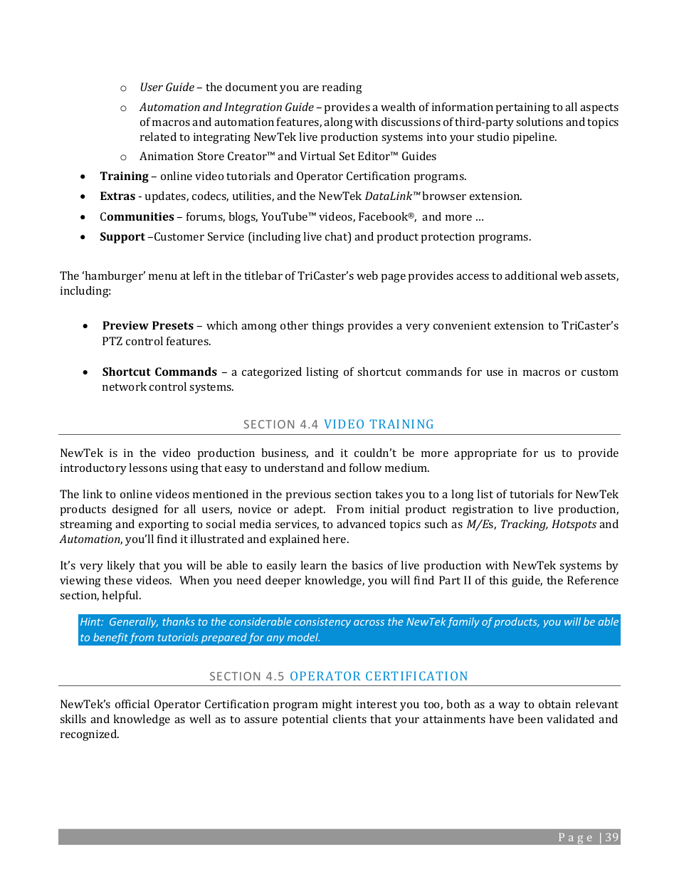 Section 4.4 video training, Section 4.5 operator certification | NewTek TriCaster TC1 (2 RU) User Manual | Page 55 / 350