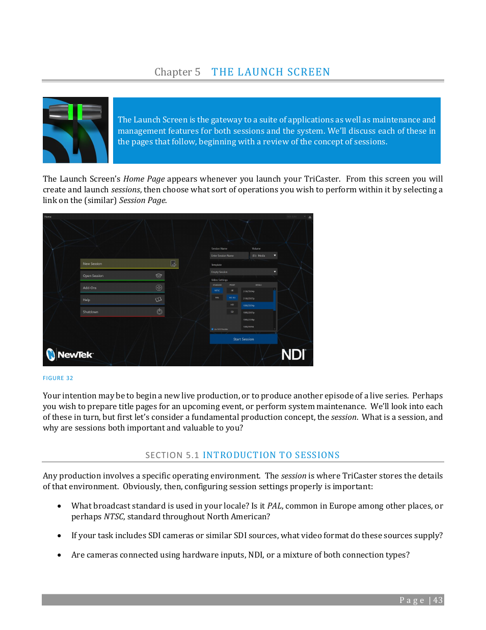 Chapter 5, The launch screen, Section 5.1 introduction to sessions | Chapter 5 the launch screen | NewTek TriCaster TC1 (2 RU) User Manual | Page 59 / 350