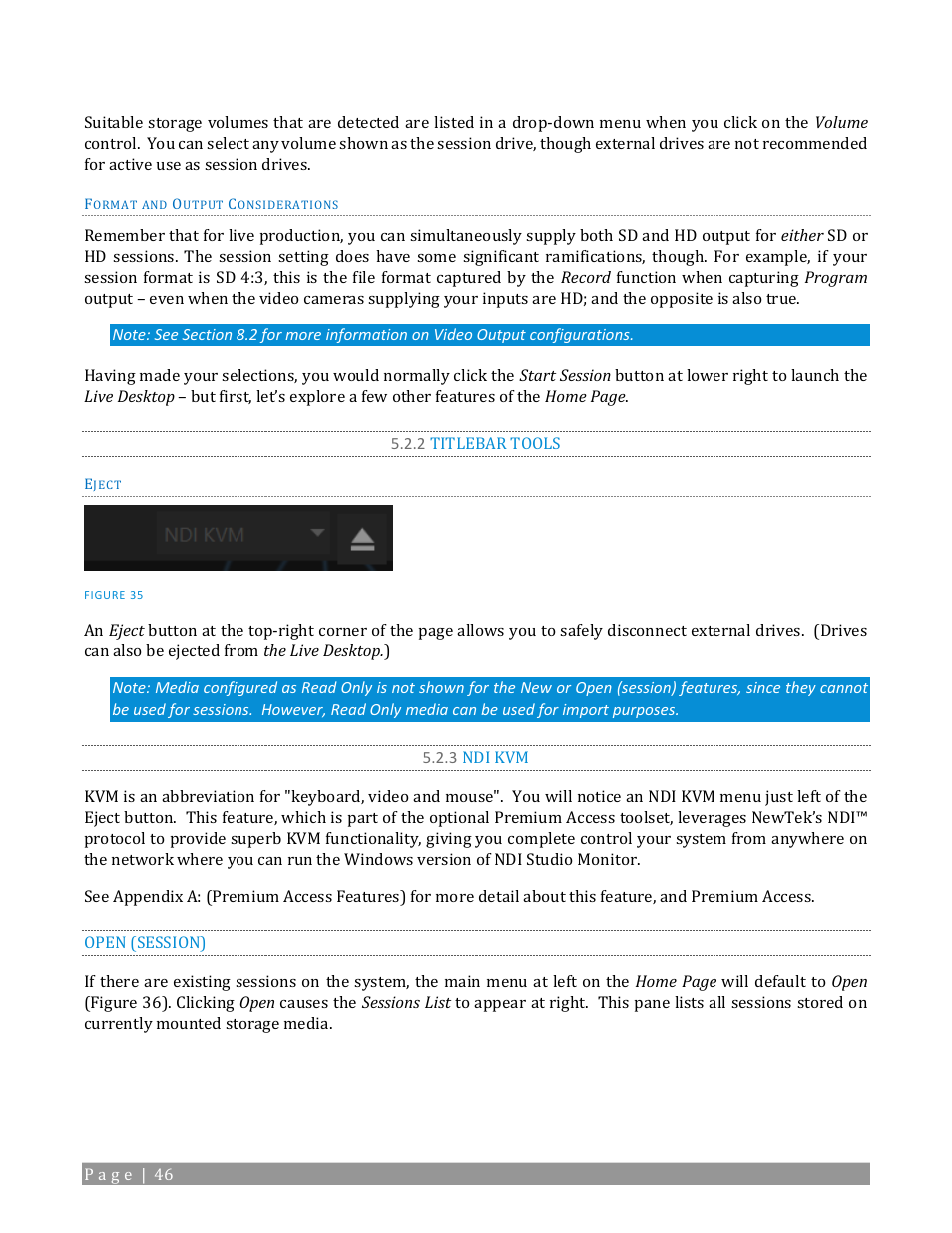 2 titlebar tools, 3 ndi kvm, Open (session) | NewTek TriCaster TC1 (2 RU) User Manual | Page 62 / 350