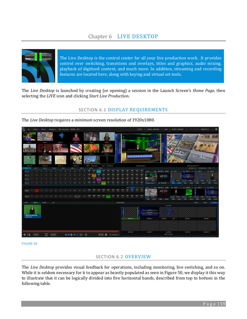 Chapter 6, Live desktop, Section 6.1 display requirements | Section 6.2 overview, Chapter 6 live desktop | NewTek TriCaster TC1 (2 RU) User Manual | Page 75 / 350