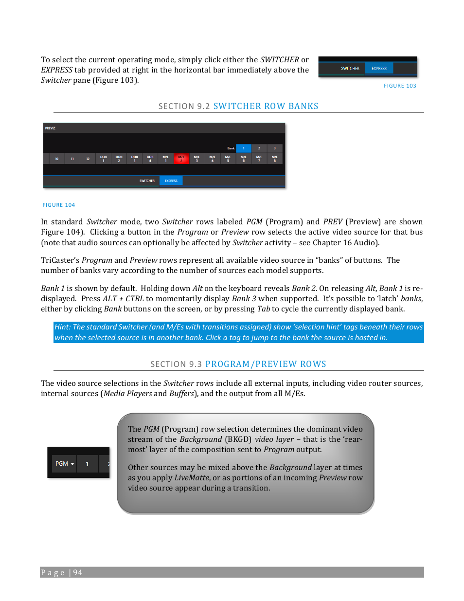 Section 9.2 switcher row banks, Section 9.3 program/preview rows | NewTek TriCaster 2 Elite (3 RU) User Manual | Page 112 / 318